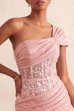 Vestido Curto de Boas-Vindas, Corseto Transparente Transparente de Um Ombro e Renda nas Costas