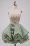 Dusty Sage Corset Strapless A-Line Renda Atrás Vestido Curto de Finalistas com Flores 3D