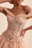 Vestido de regresso a casa, corset rosa de ombros soltos, bainha bolha, com renda nas costas
