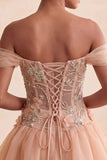 Vestido de regresso a casa, corset rosa de ombros soltos, bainha bolha, com renda nas costas