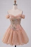 Vestido de regresso a casa, corset rosa de ombros soltos, bainha bolha, com renda nas costas