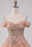 Vestido de regresso a casa, corset rosa de ombros soltos, bainha bolha, com renda nas costas