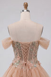 Vestido de regresso a casa, corset rosa de ombros soltos, bainha bolha, com renda nas costas