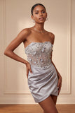 Vestido cinzento cinzento, floral transparente, corsete, cetim franzido, com renda nas costas