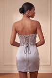 Vestido cinzento cinzento, floral transparente, corsete, cetim franzido, com renda nas costas