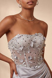 Vestido cinzento cinzento, floral transparente, corsete, cetim franzido, com renda nas costas