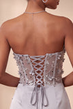 Vestido cinzento cinzento, floral transparente, corsete, cetim franzido, com renda nas costas
