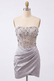 Vestido cinzento cinzento, floral transparente, corsete, cetim franzido, com renda nas costas
