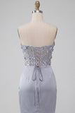 Vestido cinzento cinzento, floral transparente, corsete, cetim franzido, com renda nas costas