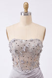 Vestido cinzento cinzento, floral transparente, corsete, cetim franzido, com renda nas costas