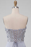 Vestido cinzento cinzento, floral transparente, corsete, cetim franzido, com renda nas costas