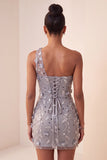 Bodycon cinzento de um ombro, lantejoulas, vestido curto de regresso a casa com flores 3D