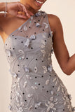 Bodycon cinzento de um ombro, lantejoulas, vestido curto de regresso a casa com flores 3D
