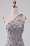 Bodycon cinzento de um ombro, lantejoulas, vestido curto de regresso a casa com flores 3D