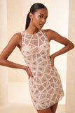 Blush Bodycon Vestido Curto de Decote Redondo com Missangas