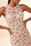 Blush Bodycon Vestido Curto de Decote Redondo com Missangas