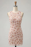 Blush Bodycon Vestido Curto de Decote Redondo com Missangas