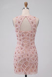 Blush Bodycon Vestido Curto de Decote Redondo com Missangas