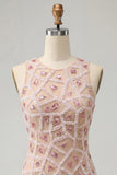 Blush Bodycon Vestido Curto de Decote Redondo com Missangas