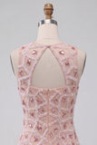 Blush Bodycon Vestido Curto de Decote Redondo com Missangas