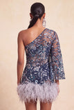 Vestido de Homecoming com lantejoulas bodycon de um ombro e penas