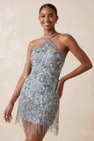 Vestido Curto de Homecoming com decote cinzento, bodycon flores e missangas, decote halter e franjas
