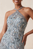 Vestido Curto de Homecoming com decote cinzento, bodycon flores e missangas, decote halter e franjas