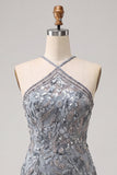 Vestido Curto de Homecoming com decote cinzento, bodycon flores e missangas, decote halter e franjas