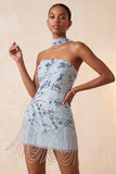 Vestido Curto de Regresso a Casa Azul Bodycon Bodycon Flores de Lantejoulas