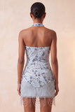 Vestido Curto de Regresso a Casa Azul Bodycon Bodycon Flores de Lantejoulas
