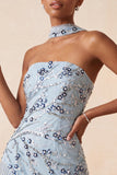 Vestido Curto de Regresso a Casa Azul Bodycon Bodycon Flores de Lantejoulas