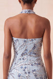 Vestido Curto de Regresso a Casa Azul Bodycon Bodycon Flores de Lantejoulas