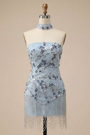 Vestido Curto de Regresso a Casa Azul Bodycon Bodycon Flores de Lantejoulas