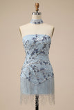 Vestido Curto de Regresso a Casa Azul Bodycon Bodycon Flores de Lantejoulas