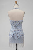 Vestido Curto de Regresso a Casa Azul Bodycon Bodycon Flores de Lantejoulas