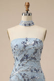 Vestido Curto de Regresso a Casa Azul Bodycon Bodycon Flores de Lantejoulas