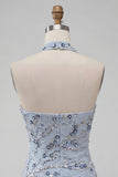 Vestido Curto de Regresso a Casa Azul Bodycon Bodycon Flores de Lantejoulas