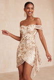 Vestido curto de regresso ao lentejoulas com champanhe ombro descoberto e faixa