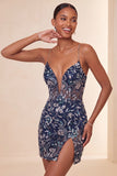 Bodycon Lantejoulas Azul-Marinho com alças finas Vestido Curto de Regresso a Casa com Fenda