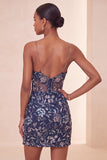 Bodycon Lantejoulas Azul-Marinho com alças finas Vestido Curto de Regresso a Casa com Fenda