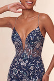 Bodycon Lantejoulas Azul-Marinho com alças finas Vestido Curto de Regresso a Casa com Fenda