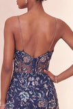 Bodycon Lantejoulas Azul-Marinho com alças finas Vestido Curto de Regresso a Casa com Fenda