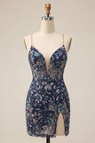 Bodycon Lantejoulas Azul-Marinho com alças finas Vestido Curto de Regresso a Casa com Fenda