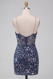 Bodycon Lantejoulas Azul-Marinho com alças finas Vestido Curto de Regresso a Casa com Fenda