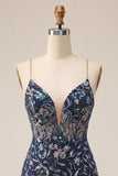 Bodycon Lantejoulas Azul-Marinho com alças finas Vestido Curto de Regresso a Casa com Fenda