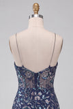 Bodycon Lantejoulas Azul-Marinho com alças finas Vestido Curto de Regresso a Casa com Fenda