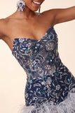 Lantejoulas bodycon azul-marinho sem alças Vestido Curto de Regresso a Casa com Penas