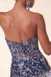 Lantejoulas bodycon azul-marinho sem alças Vestido Curto de Regresso a Casa com Penas