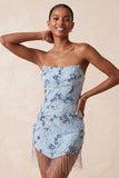 Vestido curto floral de regresso a casa com lantejoulas azuis sem alças e franjas