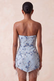 Vestido curto floral de regresso a casa com lantejoulas azuis sem alças e franjas